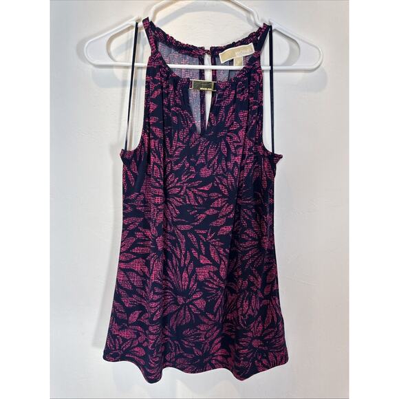 Michael Kors Tank Top Size Small Gold Logo Floral Print Pink Navy Blue - Medium - Picture 1 of 7